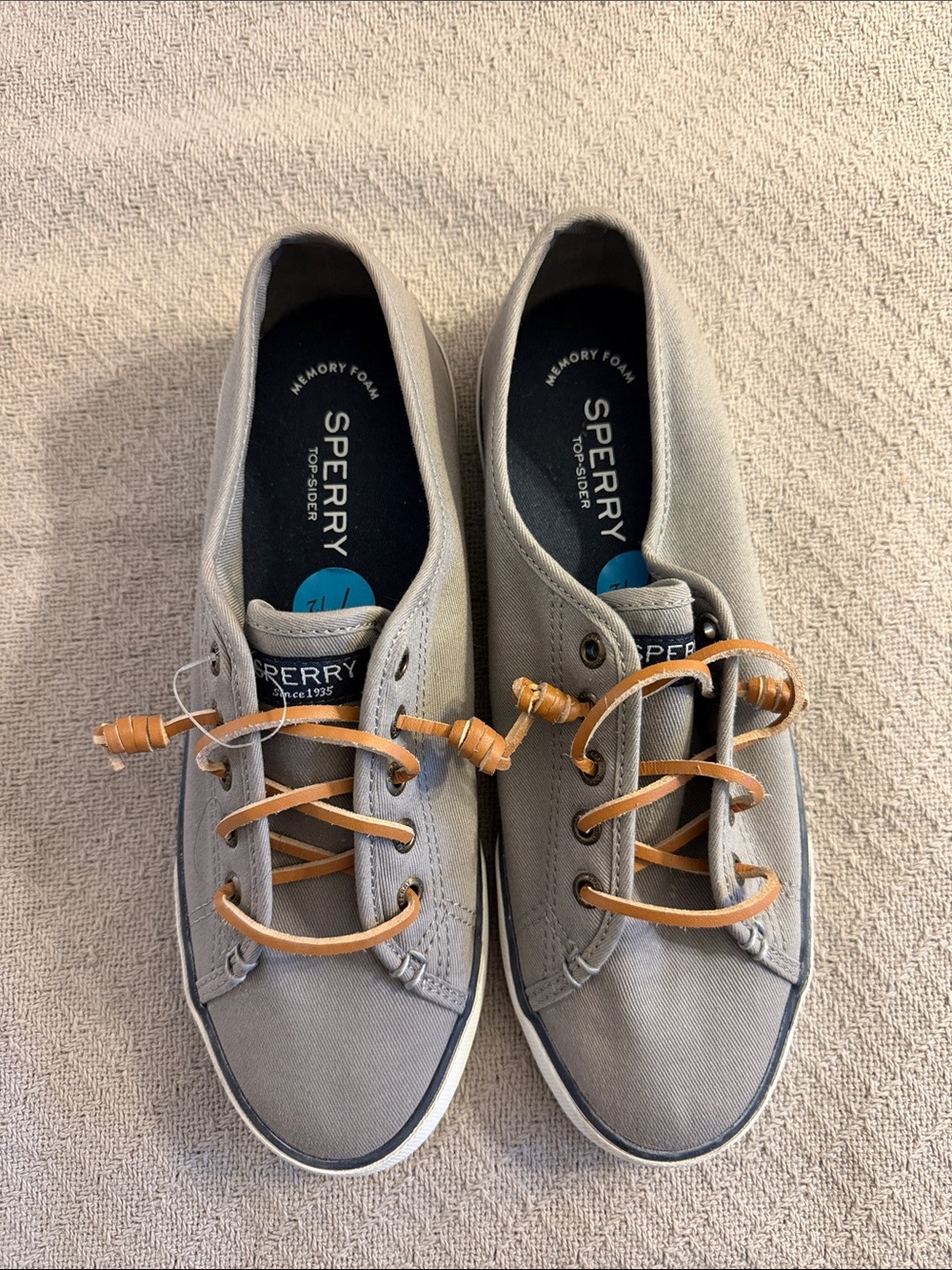Sperry Light Gray Canvas Boat Shoes with Tan Leather Laces